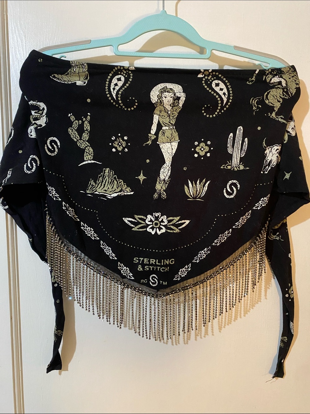 Sterling & Stitch Black Bandana Crop Top with Metallic Fringe